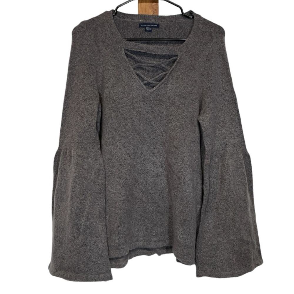 American Eagle Gray Boho Lace Up‎ Long Bell Sleeve Sweater Size XS